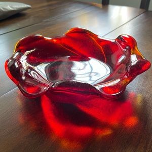 MCM Fenton Ruby Red Cadmium (Glows) Swirl Freeform Glass Trinket Dish 8”